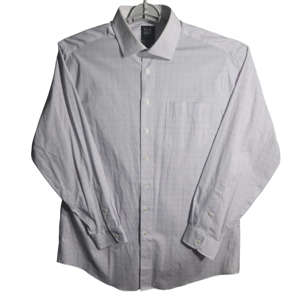 Jos A Bank Traveler Dress Shirt Mens 17.5 36 Tailor Fit Plaid Wrinkle Resistant